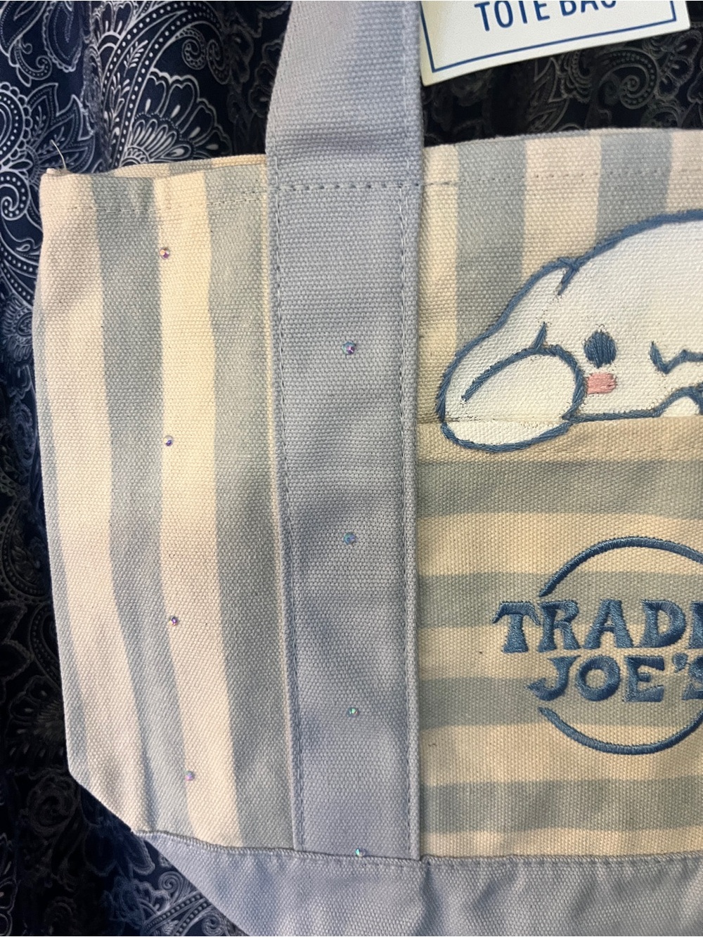 Trader Joe's Striped Mini Tote Cinnamoroll hand painted & hand embroidered! - Picture 4 of 7
